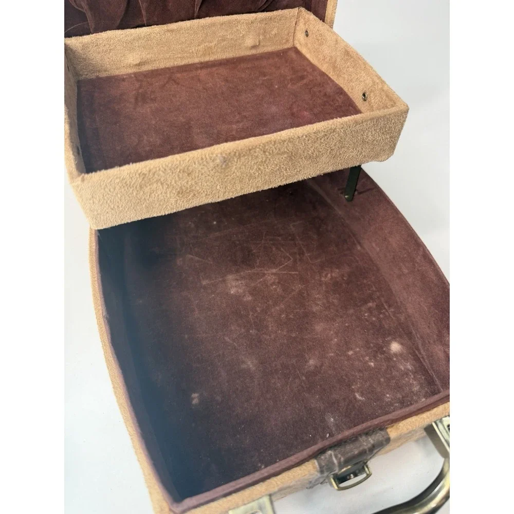 Vintage 1960s Travel Jewelry Case Valet Box Faux Suede Brown Tan Mirror